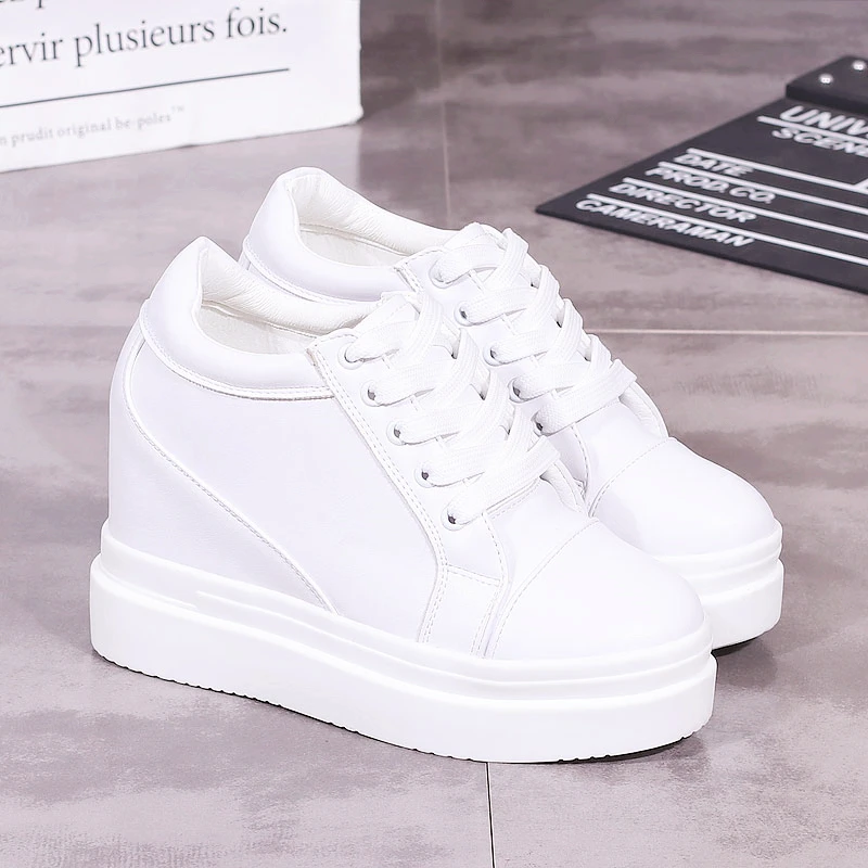 10cm Increase Flat Platform Shoes Female Thick Sole Students Casual Shoes Woman Flats Lace Up Solid White Black Women Shoes