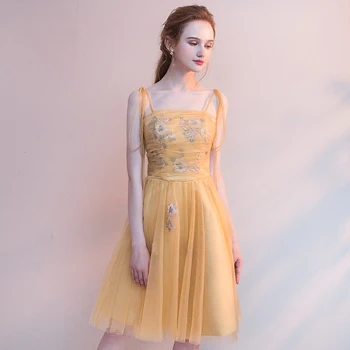 

Spaghetti Strap Formal Dresses Short Applique Graduation Mesh Tulle Dress Sexy Women Homecoming Yellow Elegant Evening Gown