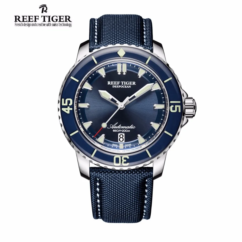 Reef Tiger/RT Super Luminous Dive Watches Mens Blue Dial Analog Automatic Watches Nylon Strap