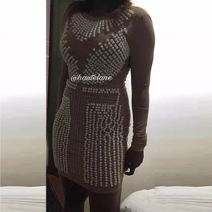 HIGH QUALITY New 2021 BAROCCO Designer Dress Women's Long Sleeve Luxurious Handwork Pearl Beading Diamonds Bodycon | Женская одежда