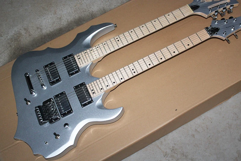 

Silver Double Neck Electric Guitar with Maple Fretboard,12 Strings+6 Strings,24 Frets,offering customized services