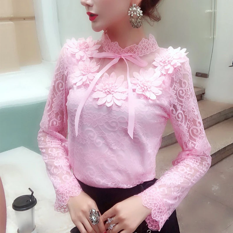 Женская блузка с длинным рукавом, кружевная блузка с цветочным принтом, короткая блузка с бантом, весна-осень 2019