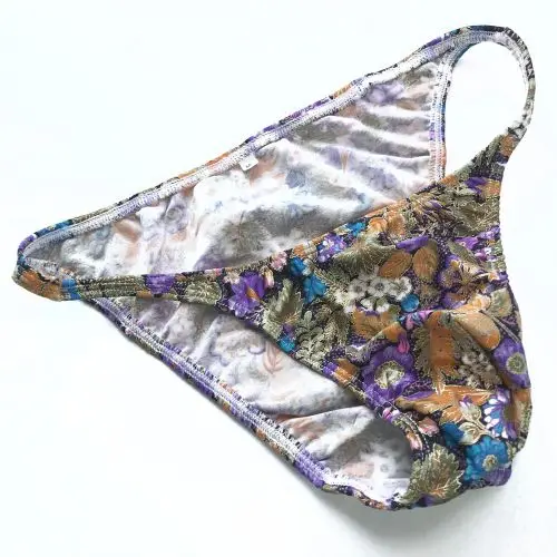 

Mens String Bikini Stripe Jersy polyester Spandex G3774 Narrow Waist Floral Prints with golden foiled line Swim