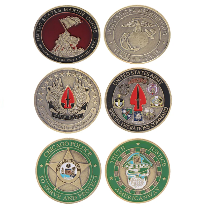 

United States Army Airborne United States Marines Corps Chicago Police Commemorative Coin Souvenir Challenge Collectible Coins