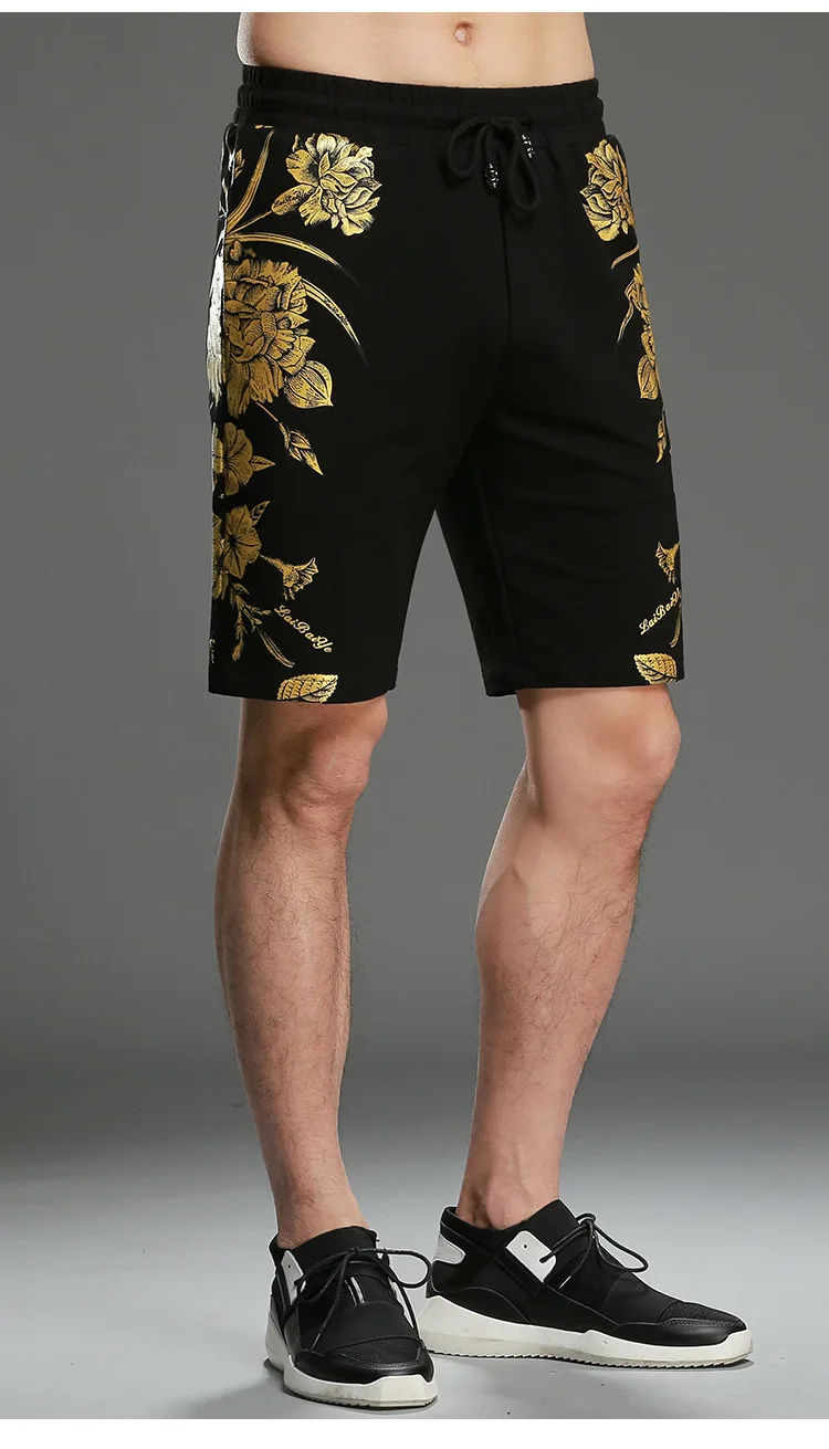 Мужские шорты с принтом, летние, фольгированные, с золотым цветком, повседневные шорты, мужские короткие спортивные штаны, хлопок, для бега, свободные, мужские короткие брюки