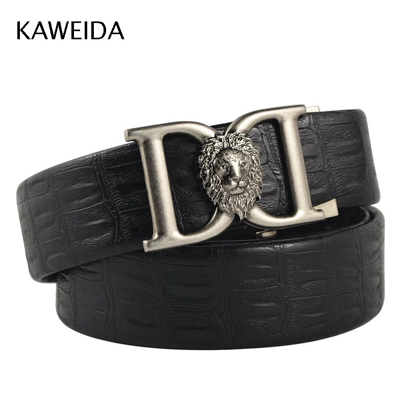 KAWEIDA Fashion Lion Metal Automatic Buckle Belt Designer Belts for Men Ceinture Homme Luxury Men's Genuine Leather Belt - Color: silver PD640 black