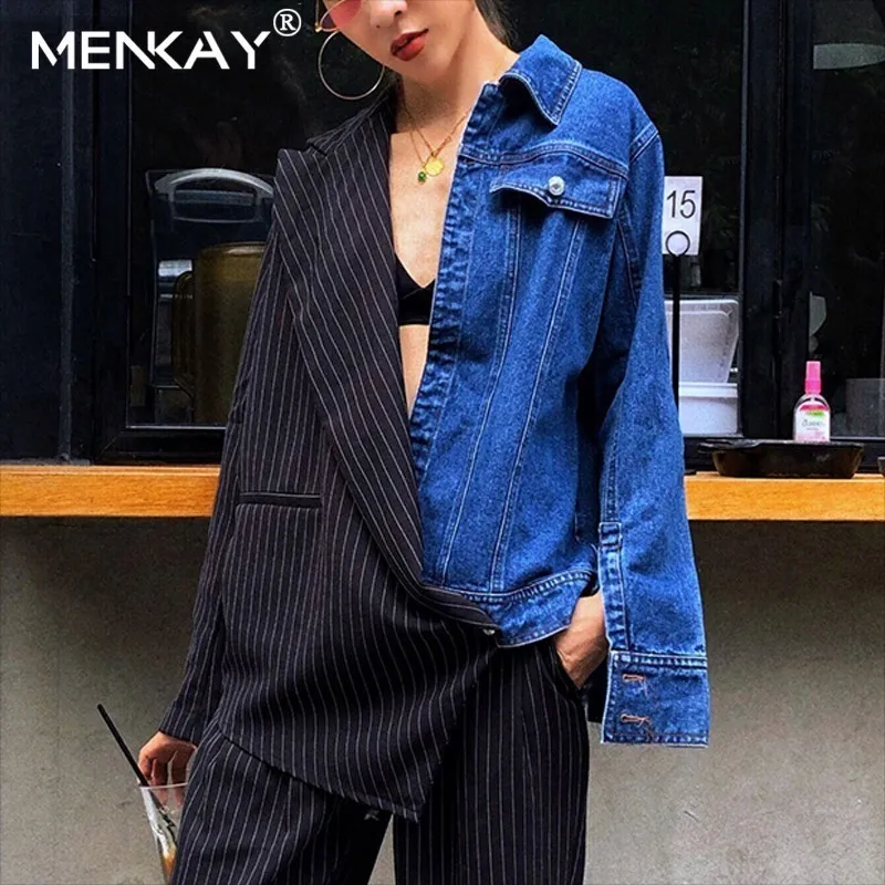 

[MENKAY] Summer Denim Jacket Patchwork Blazer For Women Asymmetrical Long Sleeve Coat Female Fashion Clothes 2019 Streetwear
