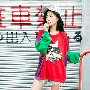 

European station tide brand 2019 spring new cartoon printing sequin color matching loose hood sweater jacket coat female