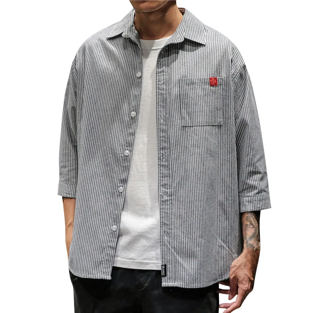 

Men's Shirt New Style Retro Turn-down Collar Tops Short Sleeve Shirt Comfortable Stripe Summer Shirts Men camisa masculina