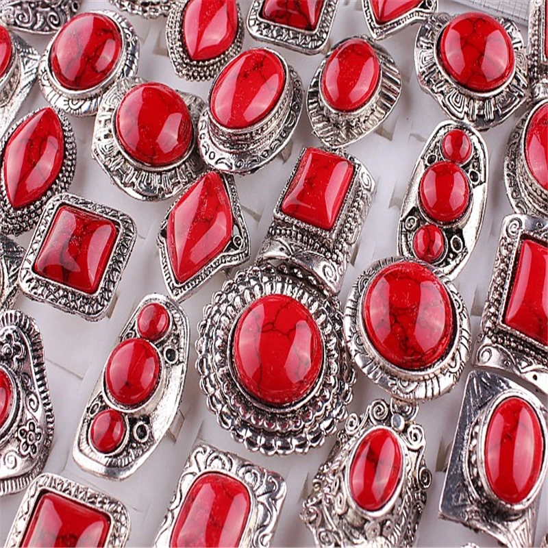 QianBei Ретро стиль красный натуральный камень кольца посеребренное кольцо 30 шт./лот Роскошные богемные ювелирные изделия регулируемые для женщин