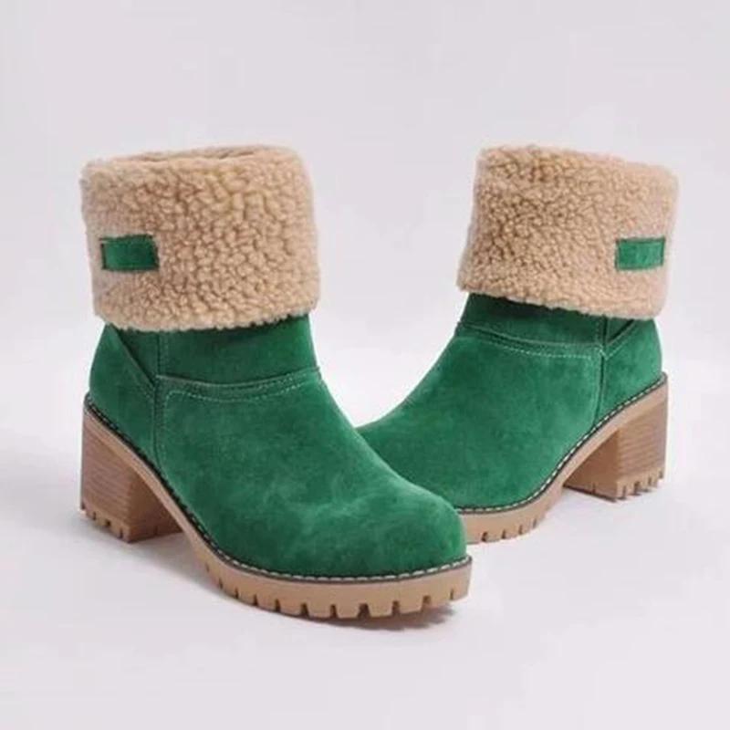 Beste Merk Vrouwen Laarzen Vrouwelijke Winter Schoenen Vrouw Bont Warme Snowboots Mode Vierkante Hoge Hakken Enkel Laarzen Zwart Groen Laarzen