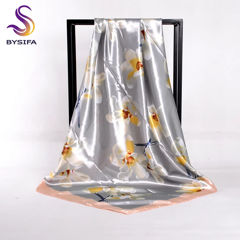 

[BYSIFA] Women Grey Beige Satin Square Scarves Wraps 2017 New Winter Gold Floral Silk Scarf Shawl Elegant Lotus Head Neck Scarf