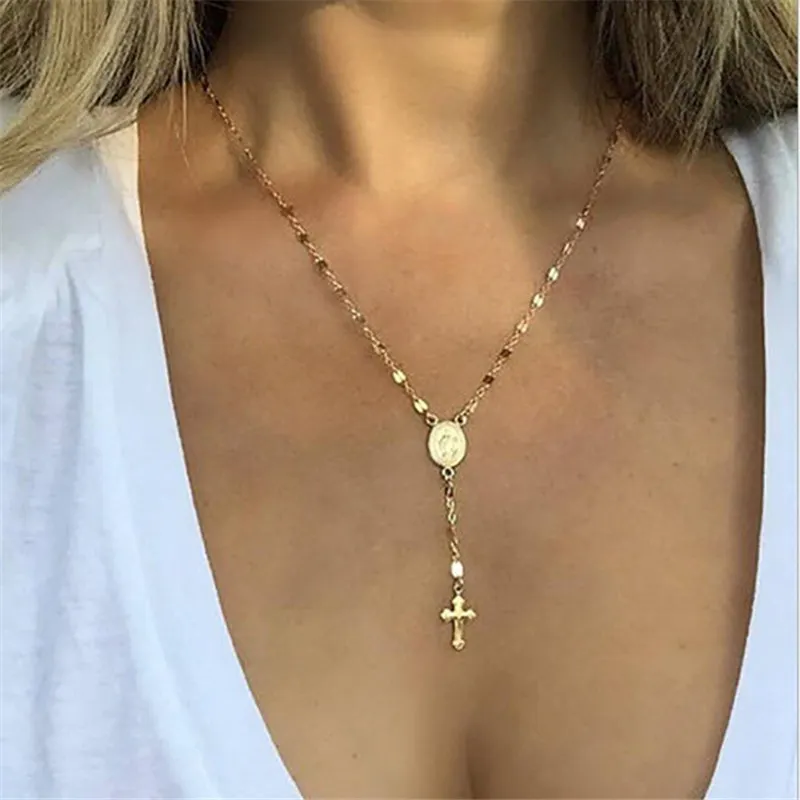 

Fashion Simple Bohemain cross Pendant Chain Necklace For Women Gold Color MultiLayer Choker Statement Necklace Charm