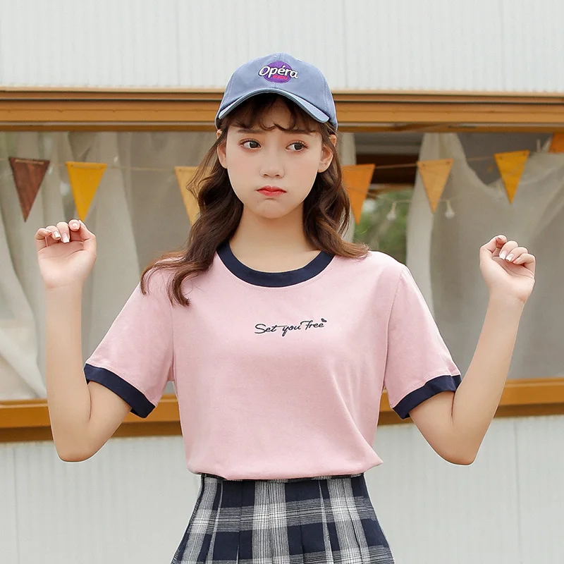 

harajuku kawaii clothes tshirt 2019 summer korean fashion sweet vintage embroidered letters love stitching friends t-shirt women