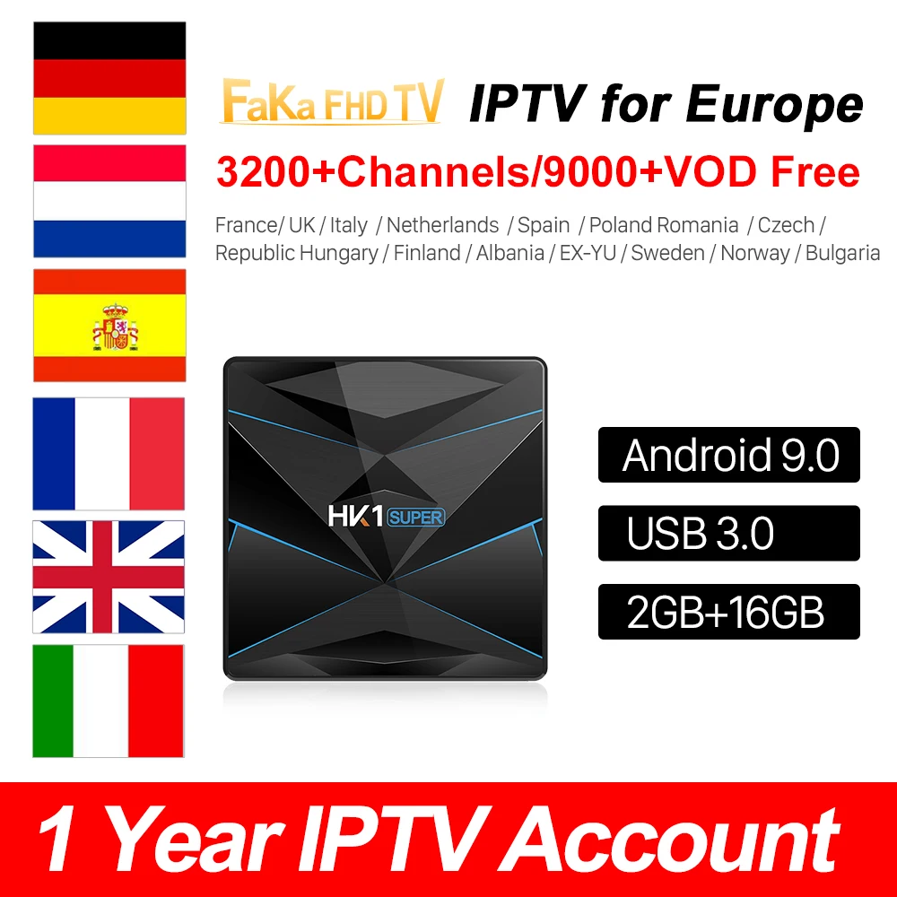 

IPTV France Arabic IPTV Spain Portugal Smart TV Box HK1 Super Android 9.0 Italy IPTV Subscription 1 Year UK Germany Canada IP TV
