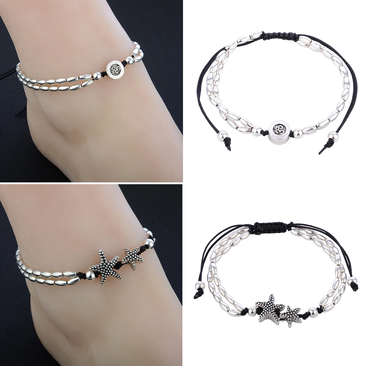 Sexy Women Boho Starfish Anklet Double Chain Jewelry Vintage Ankle Bracelet For Women Buddha Barefoot Beach Jewellery Shellhard