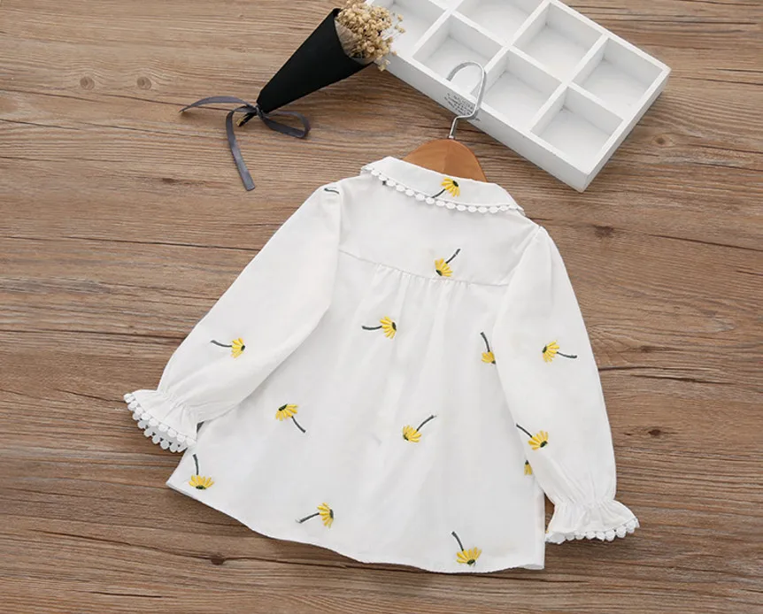 Весенне-летняя детская одежда; рубашки для девочек с цветочной вышивкой; модные повседневные блузки из хлопка для детей; топы с длинными рукавами; Camisas