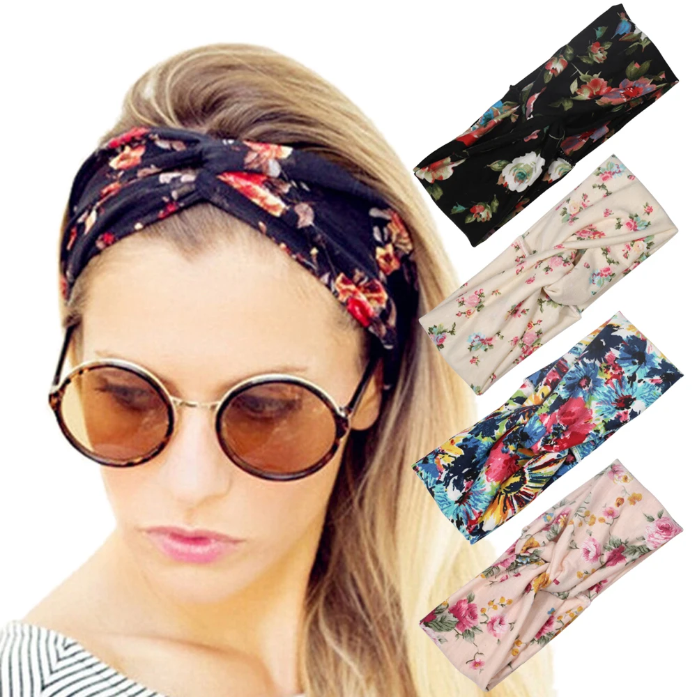 

Hot Sale Twist Cross Knot Print Bohemian Headband Elastic Head Wrap Turban Bandana HairBand Flower Hair Accessories For Women