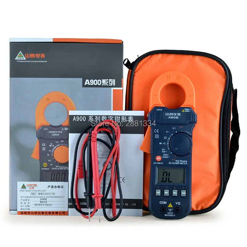 

A908 Digital Clamp Meter Auto range Multimeter AC 1000A Current Voltage Frequency clamp MultiMeter Tester Back