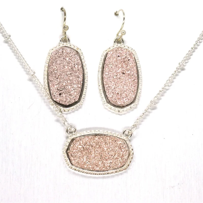 

11 Colors Large Iridescent Druzy Drusy Pendant Necklace With Matching Hexagon Drop Earrings Hot Fashion Jewelry Sets Super Gift