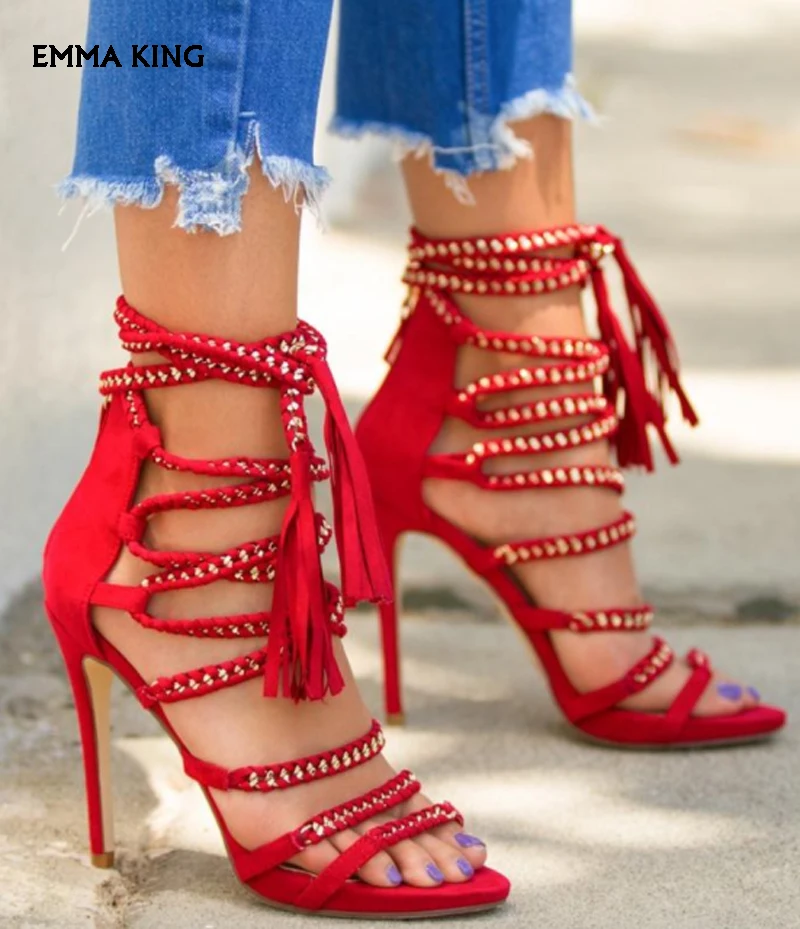 

New Sexy Sandals Fashion Chain Decoration Fringed High Heels Gladiator Strappy Sandalias mujer Wedding Party Dress Shoes Woman