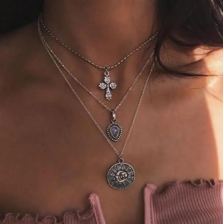 Fashion Women Jewelry Crystal Charm Necklace 2 Layer Choker Pendant