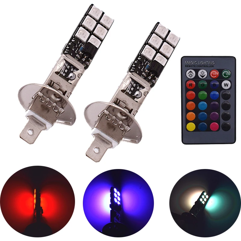 

Car Styling 2pcs RGB LED headlamps H1 H3 5050 LED 12 SMD RGB steering lights fog lights daylight indicators with remote control