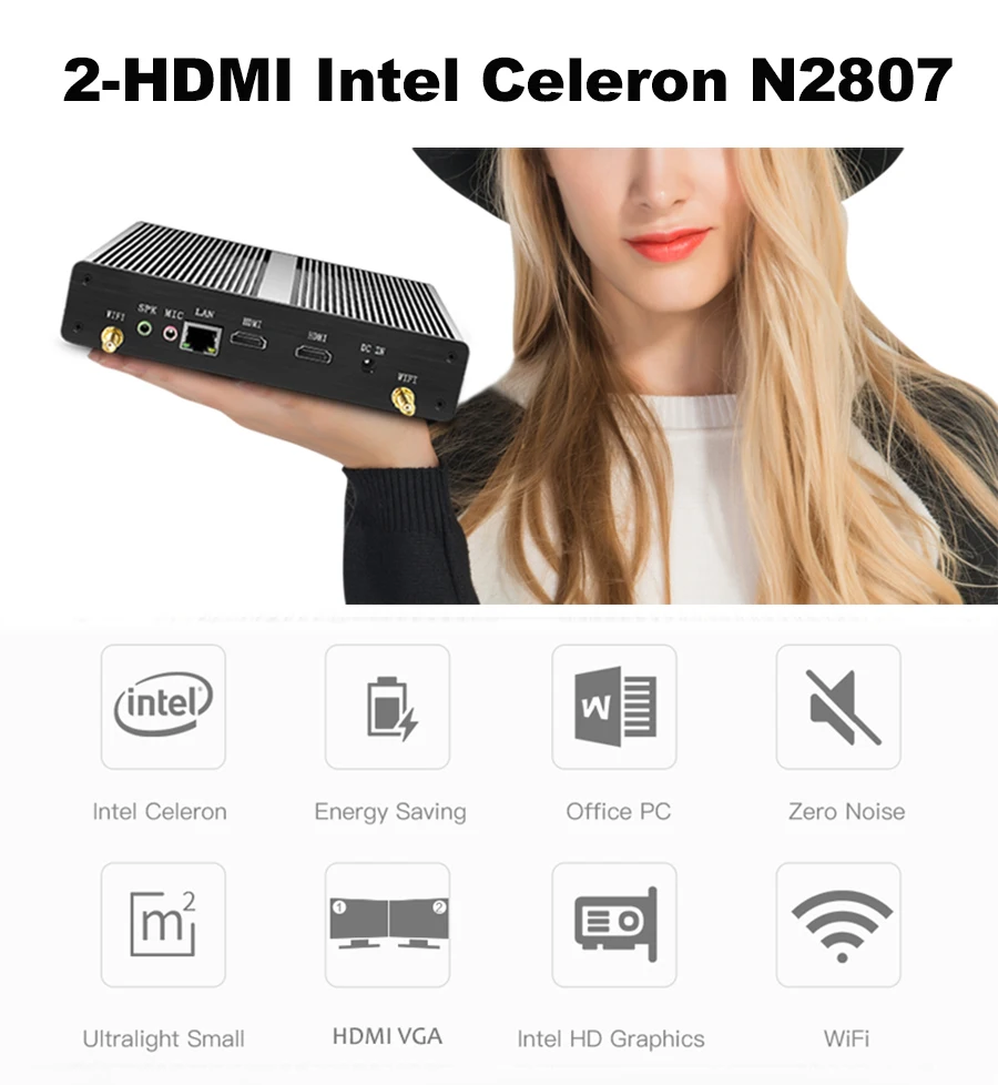 Двойной HDMI выход мини ПК Celeron N2807 1,58 ГГц Windows 7 безвентиляторный мини компьютер HDMI Wifi USB 500 Гб HDD семейный компьютер ПК