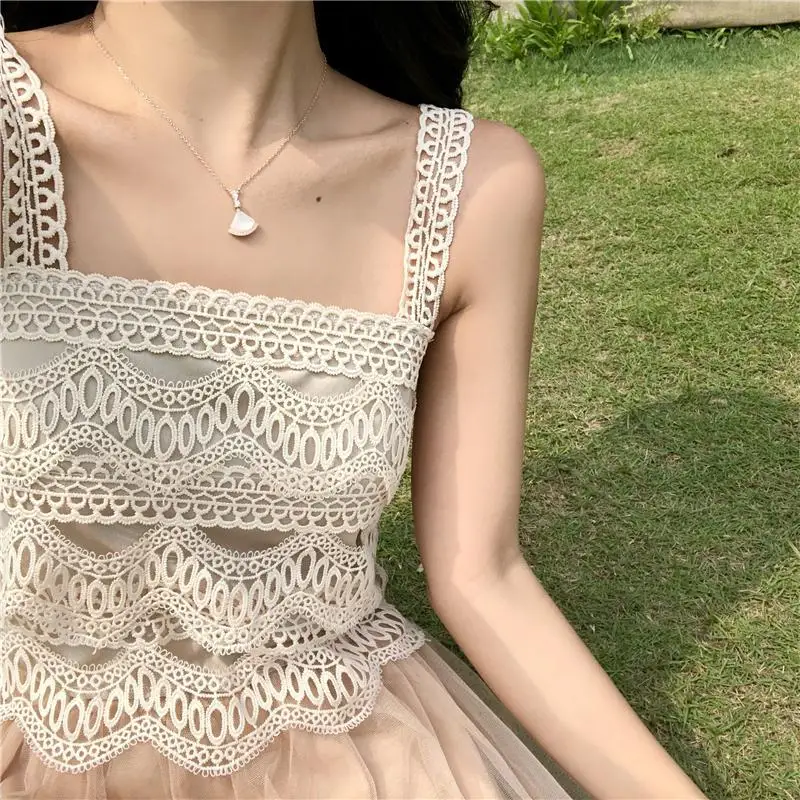 

2019 Summer Crop Top Women Tanks gentle shein lace tops stitching versatile square collar hollow bottom small camisole tank top