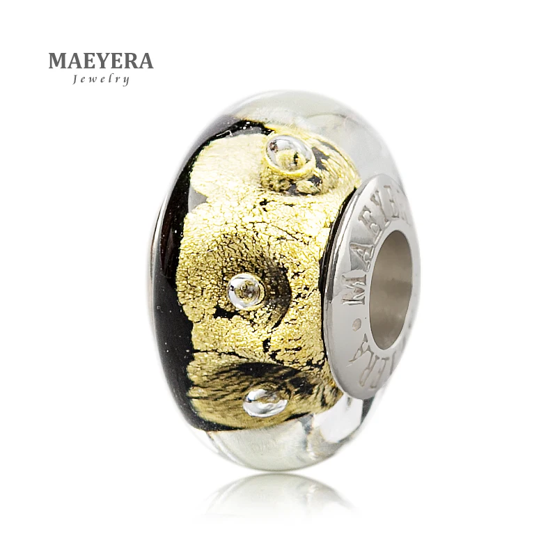 MAEYERA 925 пробы серебряные бусины лэмпворк Черное золото фольга пузыри муранское стекло бусины подходят к Европейскому браслету 920362