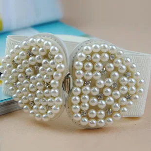 

Women Fashion Elastic Heart Pearl Diamond Wide Belts Pearl Heart Wide Belts Elastic Girdle 3006