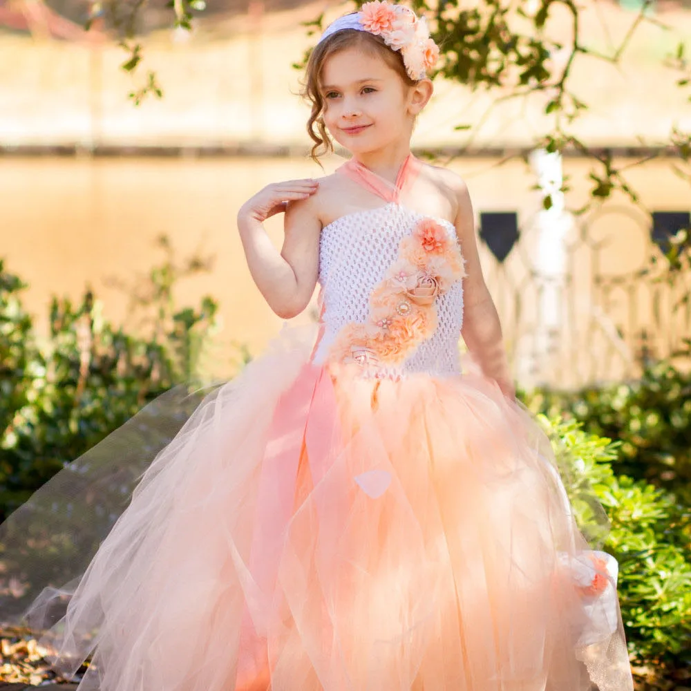 Peach Flower Girl Tutu Dress White Spring Summer Wedding Photo Couture Dress Kids Princess Birthday Party Dress TS055