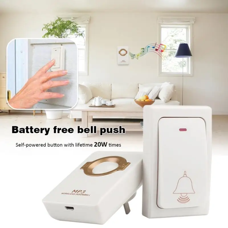 

Wireless Self Powered Doorbell Chime Remote Button Operating up to 550 ft with 8 Level Volume Countless Chimes LED Indicator