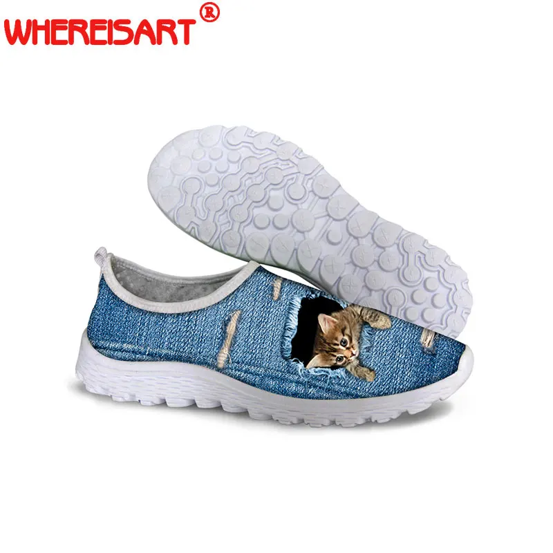 

WHEREISART Fashion Blue Denim Cute 3D Animal Cat Pet Dog Printed Women Casual Mesh Shoes Super Light Summer Spring Shoes Flats