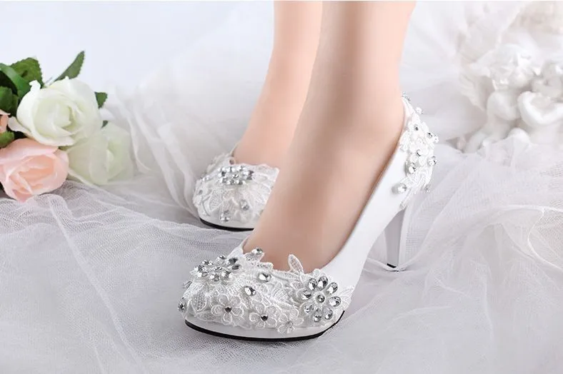 Low / high heels white rhinestones lace wedding pumps shoes - My ...