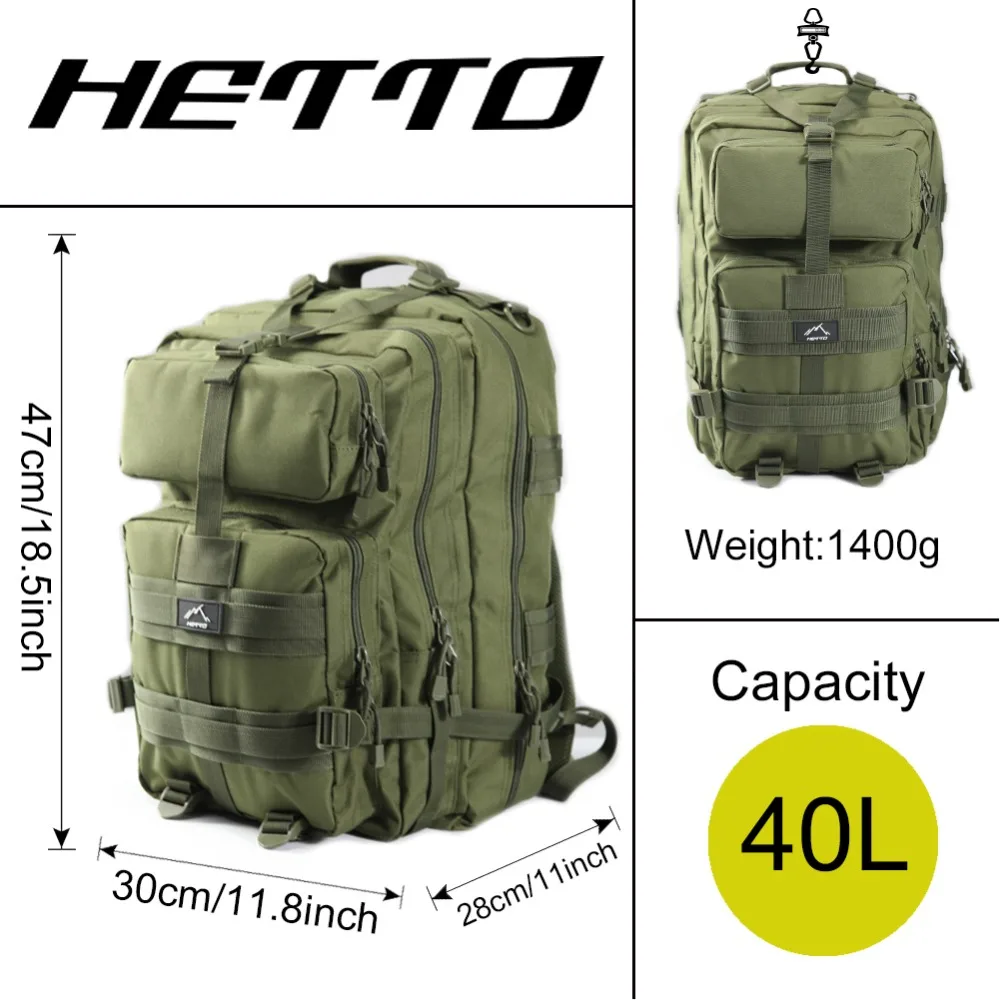 

Hetto 40L Military Tactical Rucksack Durable Polyester Waterproof Army MOLLE Backpack Multifunctional for Outdoor Fishing Lure