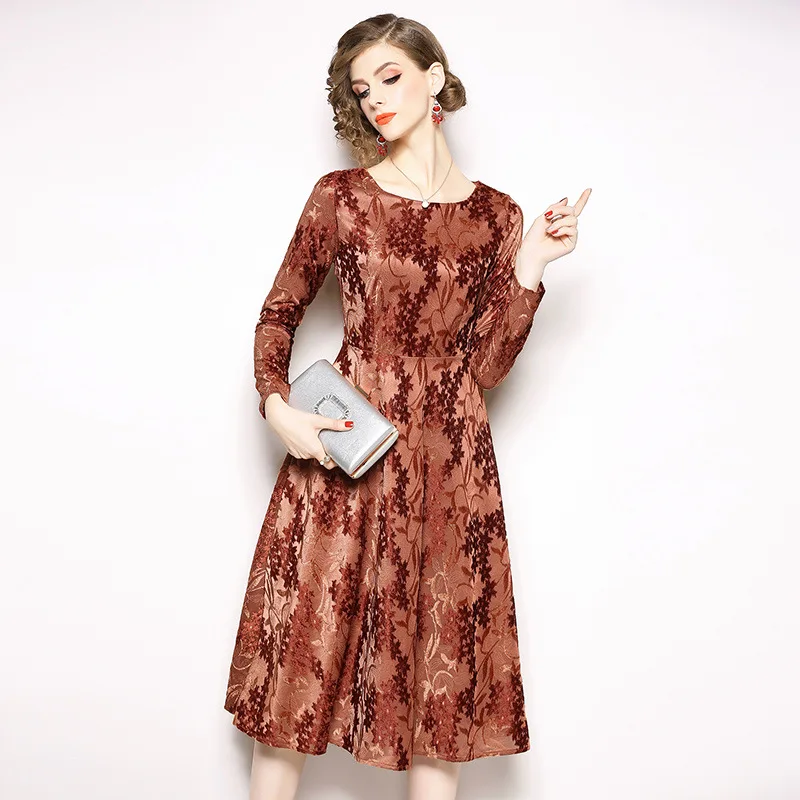 Velvet Print O Neck Long Sleeve Tunic Midi Dress Women Elegant Vintage