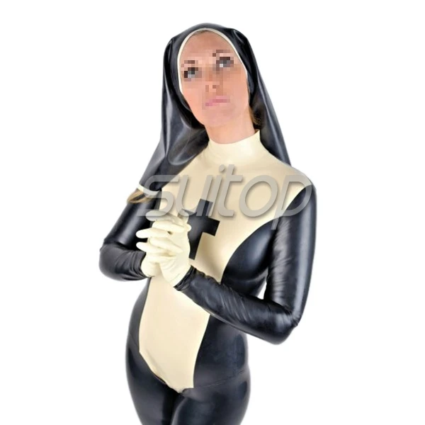 Suitop female's nature latex handmade fetish Nun uniform bodysuit rubber zentai