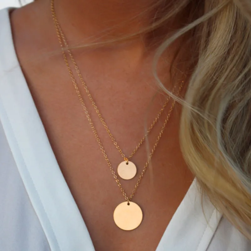 

High Quality Hot Double Layered Gold Sequin Double Strand Necklace Layering Disc Boho Simple Necklace Beach Jewelry drop ship