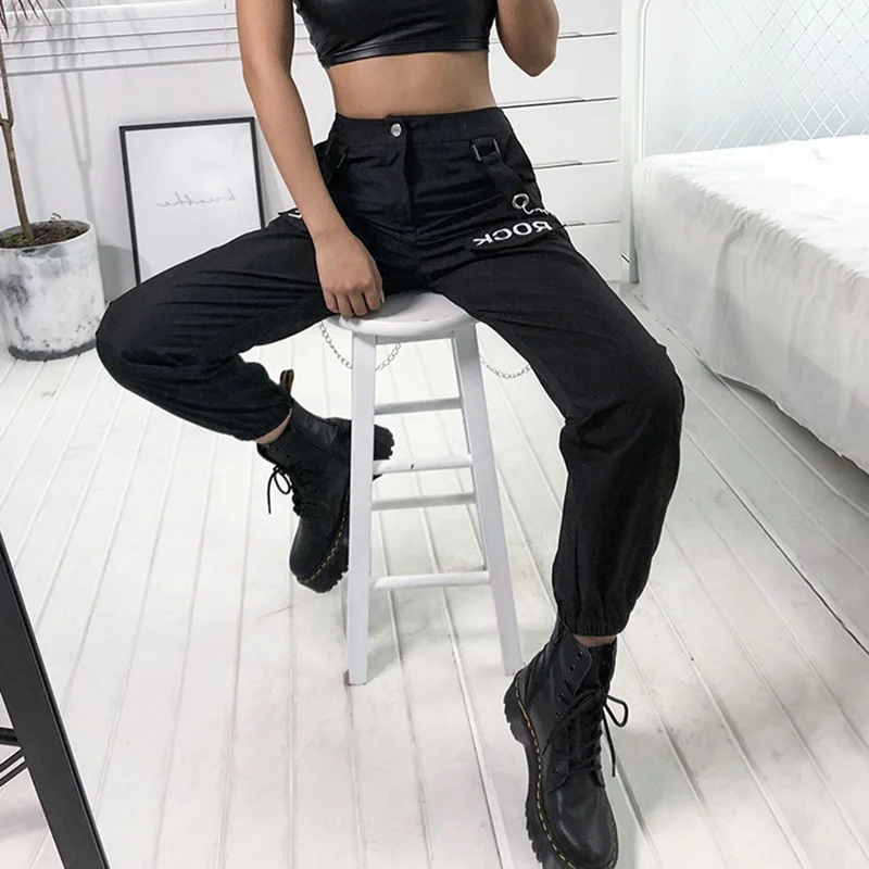 Лето-осень женские брюки-карго вышивка панелями карманы брюк цепь черного металла пэчворк с высокой талией брюки L1