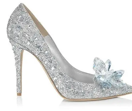 

2018New Cinderella Crystal Shoes Silver Rhinestone Wedding Shoes Bridal Pointed High Heels Stiletto Wedding Shoes Single Shoes.