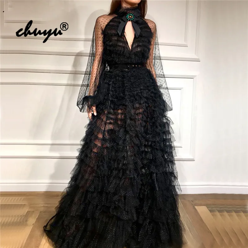 

Muslim Evening Dress Sequin Lace Tiered Long Sleeve Illusion vestido de festa Islamic Dubai Saudi Arabic Evening Gown Prom Dress