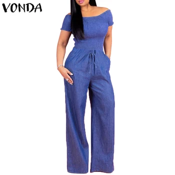 

VONDA Casual Demin Rompers Women Jumpsuit Sexy Off Shoulder Playsuits Summer Bohemian Wide Leg Pants Office Overalls Plus Size