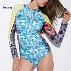 Lunamy 2018 Новый Винтаж геометрический плед Rash Guard одежда с длинным рукавом Купальники Для женщин купальный костюм на молнии спереди летняя