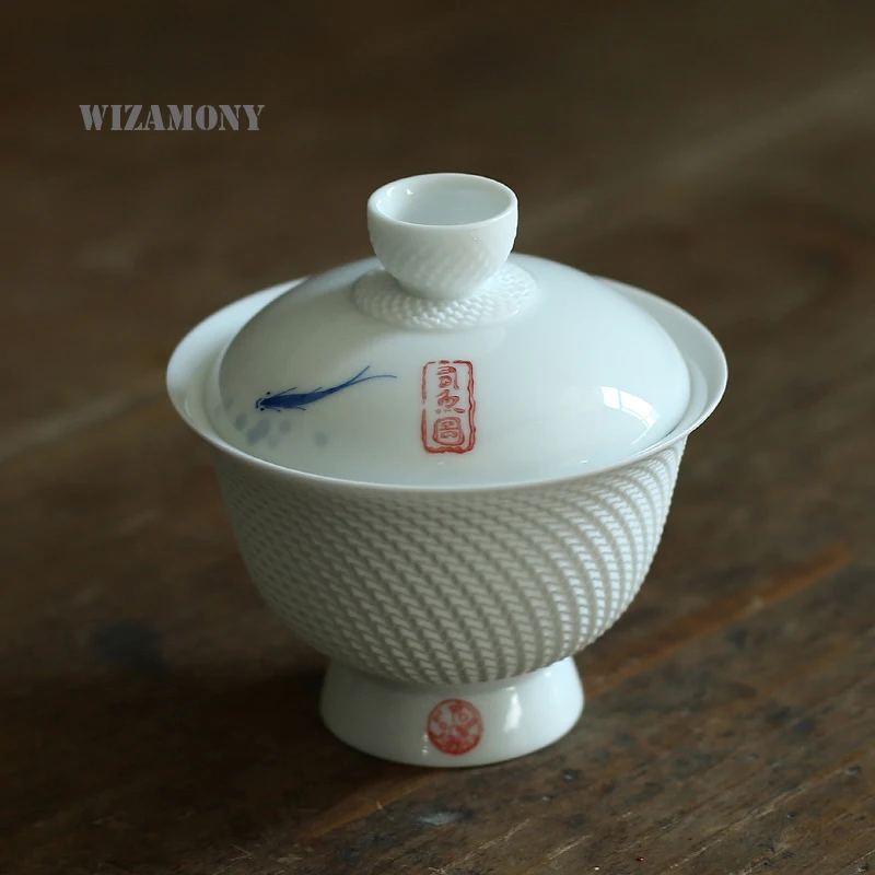 

150ML WIZAMONY Hand painted Double Fish Chinese Style Gaiwan Tea Bowl Tea Set Teapot High Quality