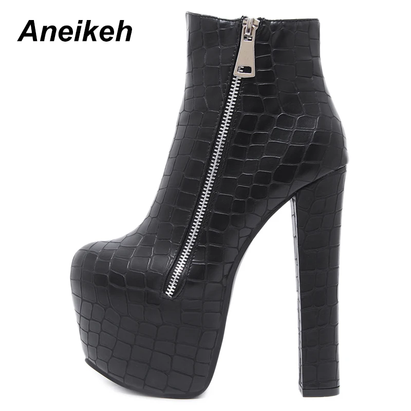 

Aneikeh Fashion New Black Leather High Heel Boots Round Toe Platform Ankle Boots Ultra High Night Club Wearing Short Boots