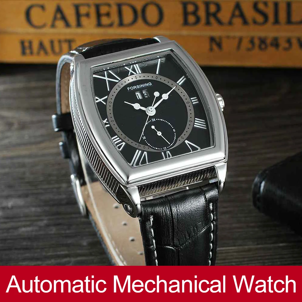 

FORSINING Men's Design Tonneau Shape Trendy Automatic Selfw-winding Popular Watch with Genuine Leather Band with Gift Box