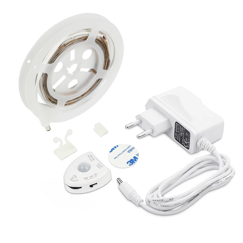 12V Motion Sensor LED Strip Night Light Dimmable Strip Bed Light Automatic Off Timer Warm White