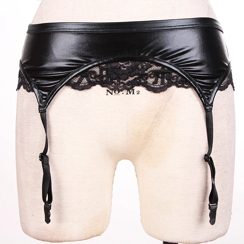 Black Sexy Lingerie Set Lace Vinyl Leather Push Up Bra Low Waist Panties G String Ladies Suspender Wet Look Erotic Underwear  (6)