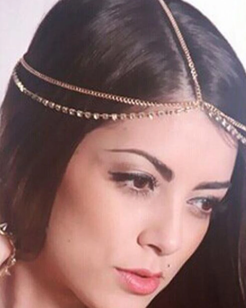 Women Gold Boho Multi Layer Bridal Wedding Metal Head Chain Jewelry Bohemian Crystal Headpiece